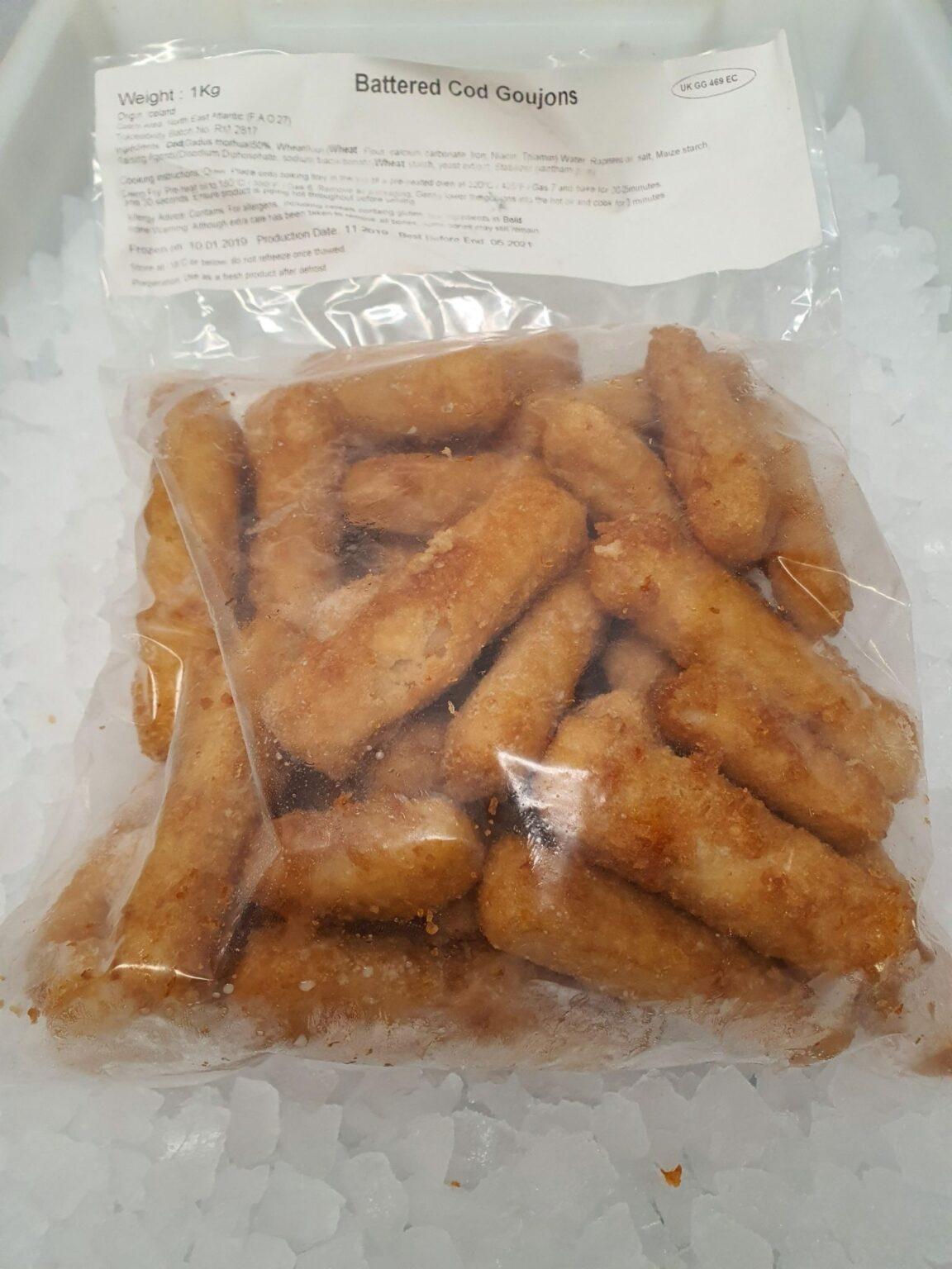 Cod Goujons, Battered 1kg FROZEN The Stickleback Fish Company Ltd